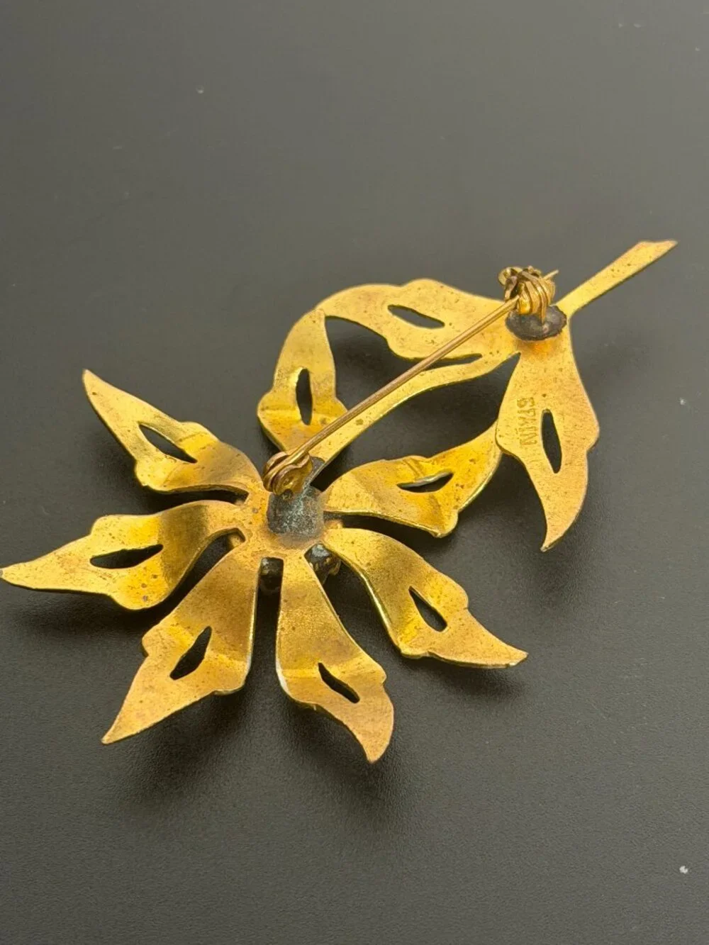 Set Of 2 Damascene Made in Spain Brooch Pins Flower Flying Fish Gold Black White